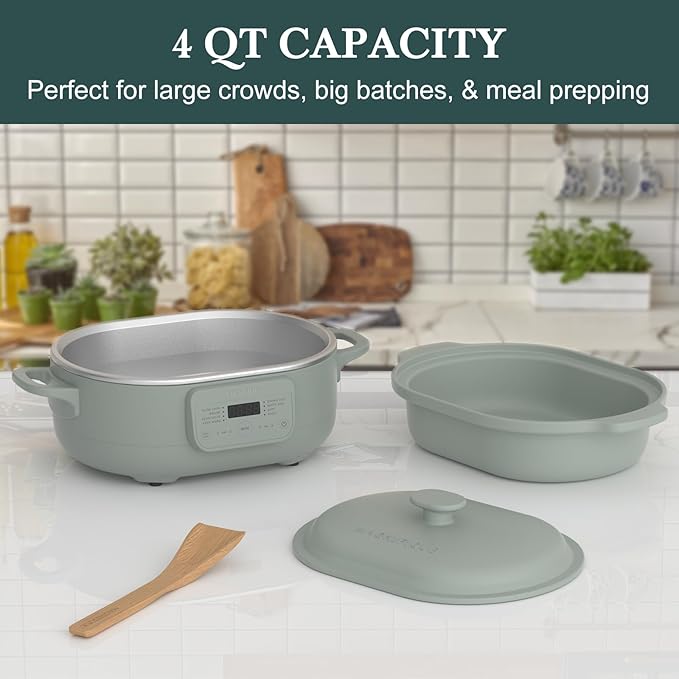 4 Quart Programmable Slow Cooker with Flexible Easy Programming, 8-in-1 Claypot Multi Cooker, Removable Crock, Nonstick, Oven Safe Pot to 450°F, Olive