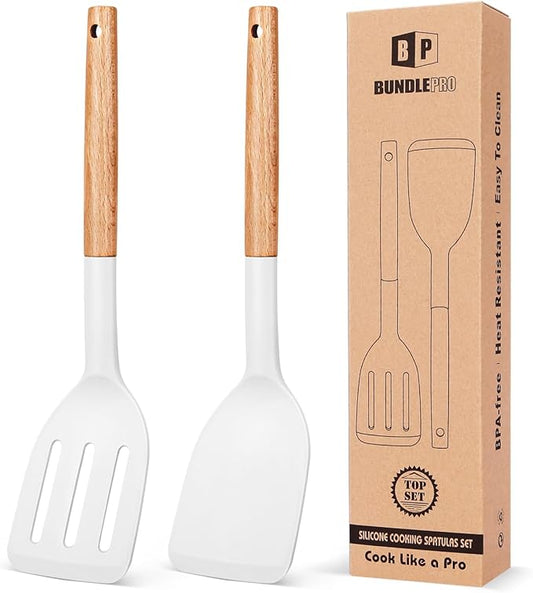 Pack of 2 Silicone Cooking Spatula, Heat Resistant Solid Turner, Non Stick Slotted Spatulas with Wooden Handle,Ideal Wood Kitchen Utensils Set for Frying, Baking, Flipping, Turning (WHITE)