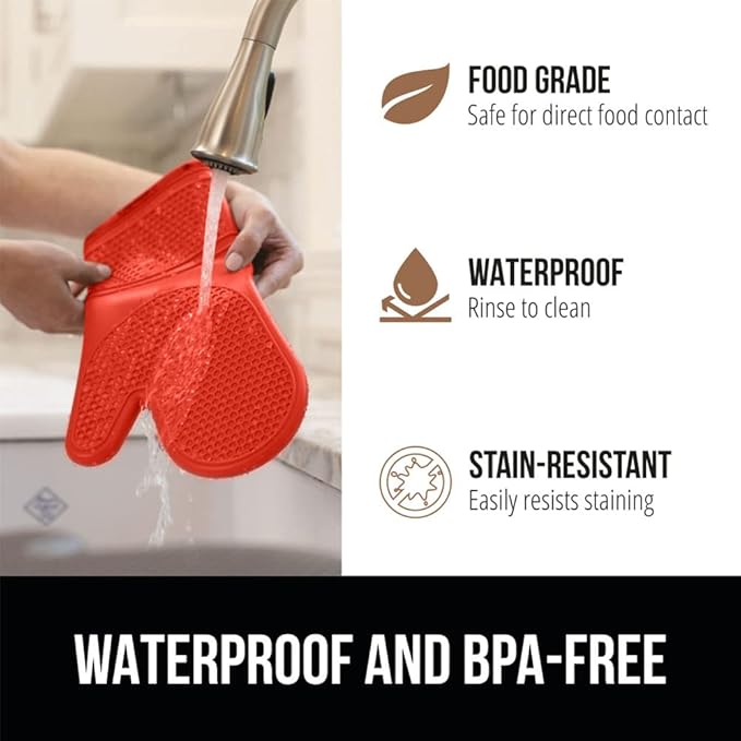 GORILLA GRIP BPA-Free Soft Silicone Oven Mitts, Heat Resistant and Waterproof Cooking Gloves, Thick Cotton Lining, Flexible Gripping for Baking Grilling, Kitchen Potholders Set of 2, 12.5x8.3, Coral