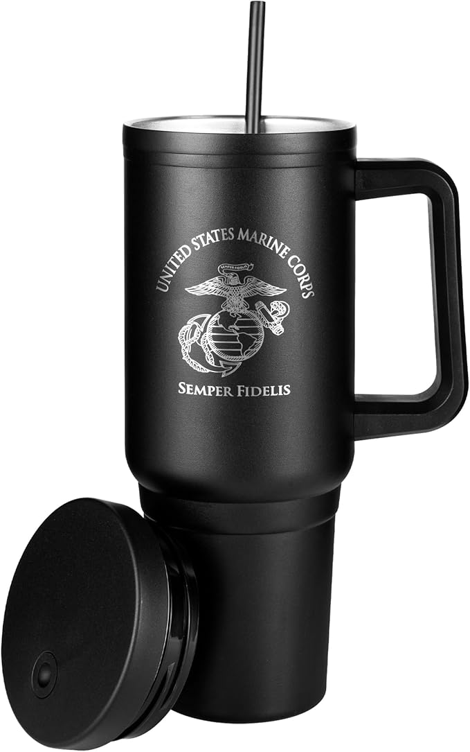 40oz Insulated Marine Corps Tumbler with Handle, Lid & Straw - USMC Gifts - Use for Water, Tea, Coffee & More-Disabled USMC Vet | USMC 40oz Tumbler
