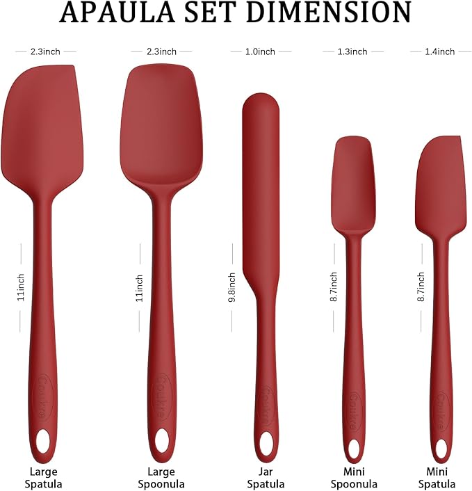 Coukre Silicone Spatula Set of 5,High Heat Resistant, Food Grade Silicone, Upgraded Extended Reinforced Handle,Dishwasher Safe, for Baking, Cooking (Pure Red, Solid color)