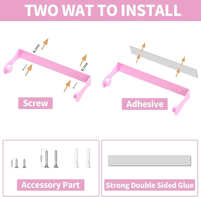 Pink Paper Towel Holder Under Cabinet, Pink Kitchen Accessories Decor, Stainless Steel, Wall Mount Paper Roll Holder for Bathroom, Adhesive or Screws