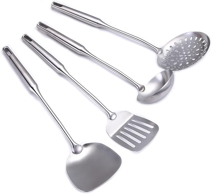 304 Stainless Steel Cooking Utensil Set 4-Piece Kitchen Utensils with Extra-Long Handles, Spatula,Ladle,Slotted Spoon,Slotted Spatula,One-Piece Construction, Ideal for Wok, Grilling, and Gifting