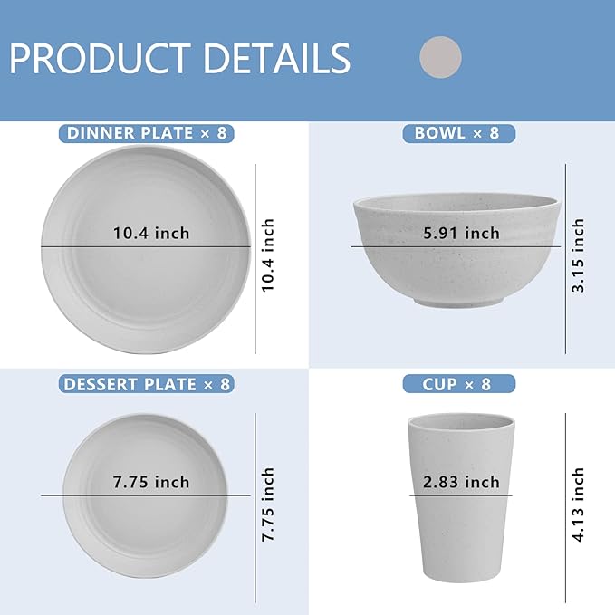 Supernal 32pcs Wheat Straw Dinnerware Sets for 8,Plates and Bowls Sets,Reusable Plastic Plates,Grey Dish Set for 8 include 16pcs Dishes, 8pcs Bowls, 8pcs Cups,Dishwasher Safe.
