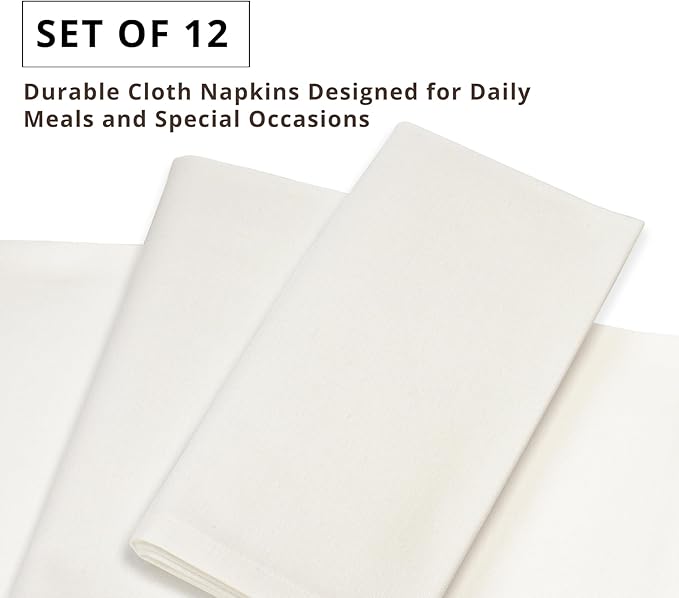 PurpleEssences Set of 12 Cloth Dinner Napkins 100% Cotton 18x18 Inch - Soft Durable Washable - Ideal for Farmhouse Party Christmas Holiday Winter - Perfect Everyday Use Table Linen - Cream
