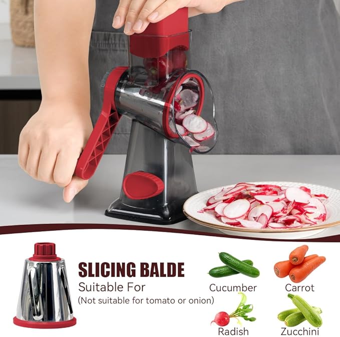 KEOUKE Rotary Cheese Grater Hand Crank Transparent - Shredder Slicer Grinder 3 Stainless Steel Blades, Stable Suction, Labor-Saving Handle, Safe Kitchen Tool for Cheese, Vegetable, Nuts, Chocolate