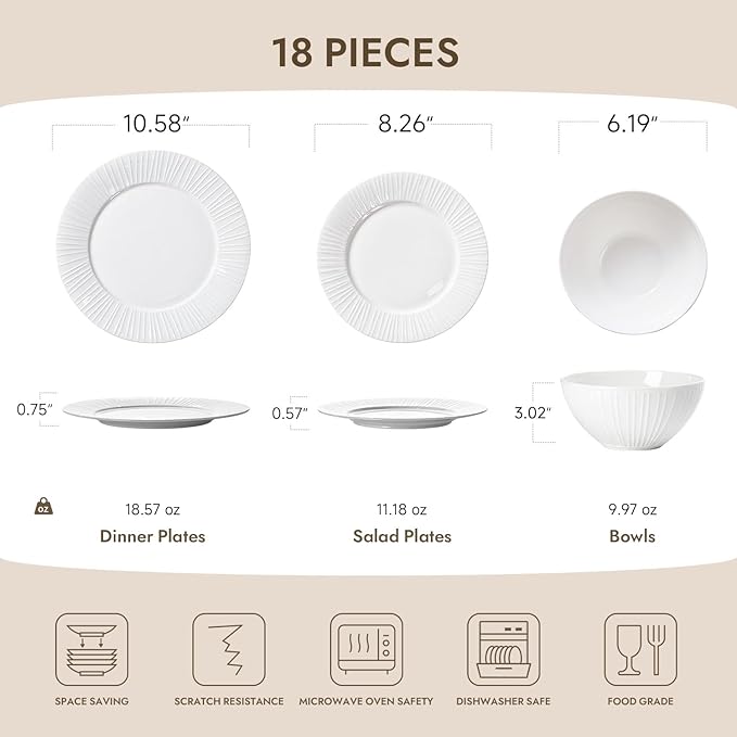 KINGSTONE Bone China Dinnerware Set, 18-Piece White Lightweight Porcelain with Textured Design Service for 6, Plates, Bowls, for Family Dining, Restaurants, Gifting，Microwave and Dishwasher Safe