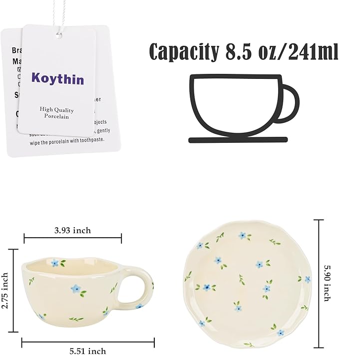 Koythin Ceramic Coffee Mug with Saucers, Handmade Flowers Mugs, Cute Cup for Girl Women, Aesthetic Tea Milk Cup with Handle, 8.5 oz/250 ml for Latte, Cocoa, Office, Home (Blue Flowers)