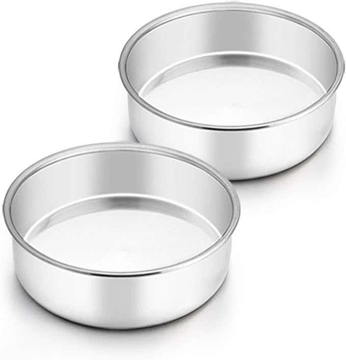 TeamFar 6 Inch Cake Pan, 2 Pcs Round Tier Cake Pan Set Stainless Steel for Baking Steaming Serving, Fit in Oven Pot Air Fryer, Healthy & Heavy Duty, Mirror Finish & Easy Clean, Dishwasher Safe