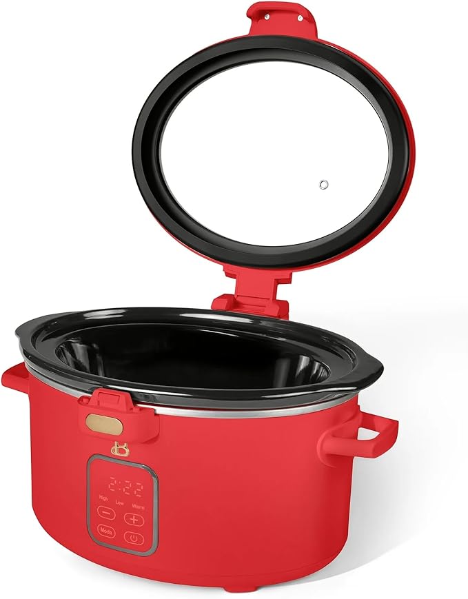 Beautiful 4-Qt Programmable Slow Cooker with Hinged Locking Lid & Touch Display – 3 Heat / 4 Timer Settings (Tomato Red)