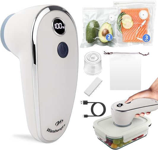 WanshengLe Vacuum Sealer for Food (Compact Vacuum Sealer Machine + Glass Vacuum Container + 5 Reusable Vacuum Bags) Powerful Handheld Vacuum Sealer Machine, Portable Food Sealer, Food Storage