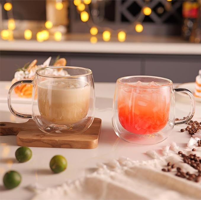 CNGLASS 10oz Double Walled Glass Coffee Mugs(4-pack),Clear Coffee Cups with Handle,Glass Espresso Mugs for Latte,Cappuccino,Tea