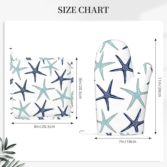 Sea Stars Oven Mitts and Pot Holders Set of 4 Silicone Navy Blue Turquoise Coastal Sea Stars Kitchen Mitten Gloves and Non-Slip Potholders Set Heat Resistant Oven Gloves Hot Holders for BBQ