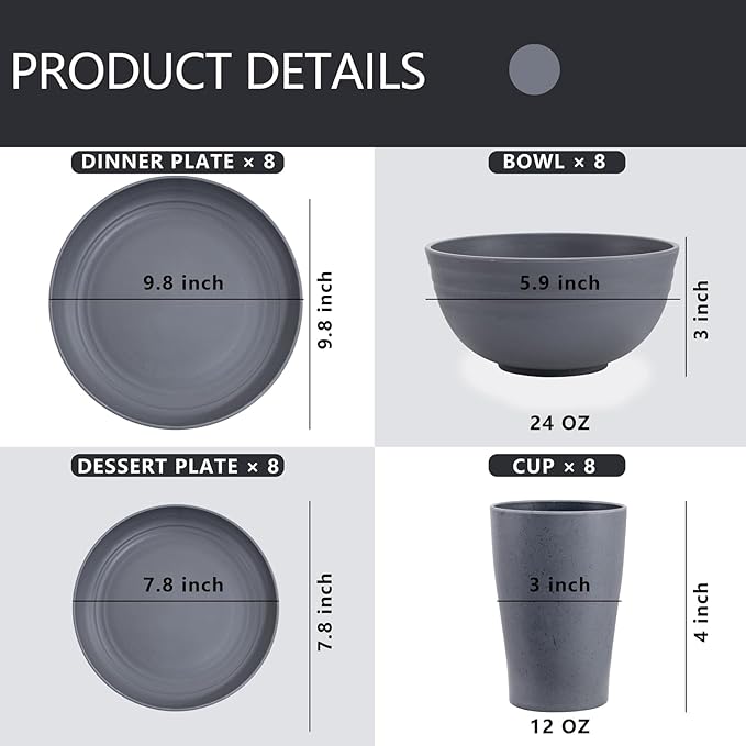 Supernal 32pcs Wheat Straw Dinnerware Sets,Unbreakable Dinnerware Sets for 8,Reusable Tableware,Dishes Set for 8,Plates and Bowls Set Dark Grey Include16pcs Plates, 8pcs Bowls, 8pcs Cups