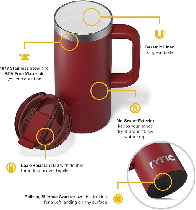 RTIC 16oz Road Trip Travel Mug with Lid and Handle, Insulated, Stainless Steel, Metal, Double Wall Vacuum-Insulation, Ceramic Lined, Portable Coffee, Tea Cup for Hot and Cold Drink, Black Cherry