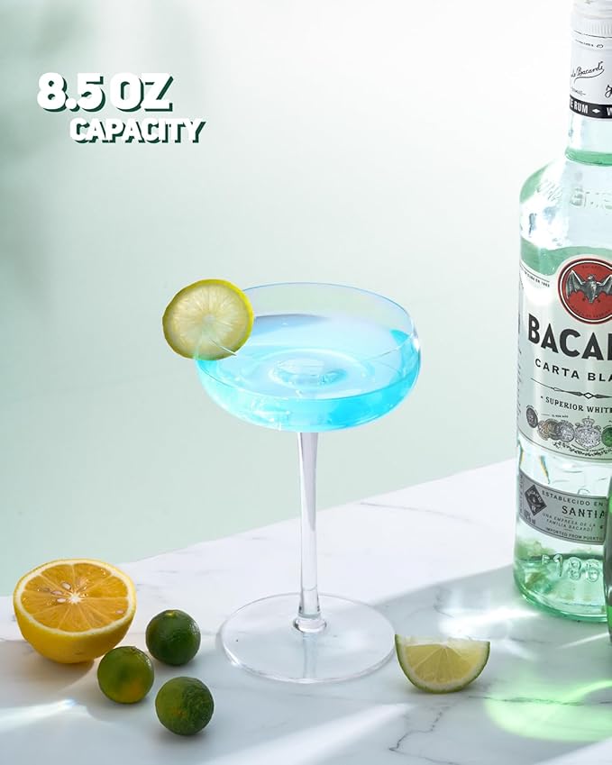 Handmade Coupe Glasses Set of 4 – 8.5oz Crystal Cocktail Glasses with Unique Convex Base, Elegant Coupe Glassware for Margarita, Martini, Champagne, Manhattan & Cocktails