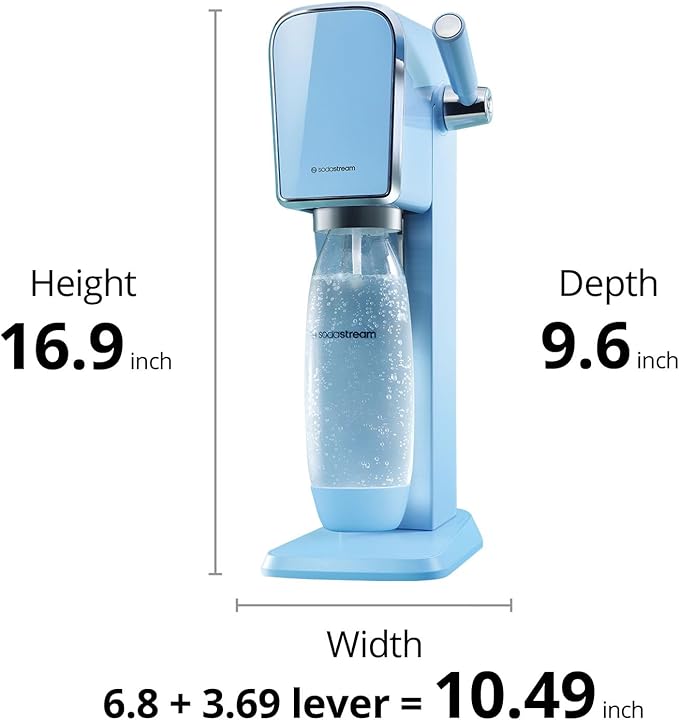 SodaStream - ART Sparkling Water Maker | VALUE BUNDLE | CQC CO2 system | Includes 2x CO2 Cylinders, 2x 32 Fl Oz Dishwasher Safe Bottles, 2x Bubly Flavor Drops | Combine with Pepsi Flavors | Misty Blue