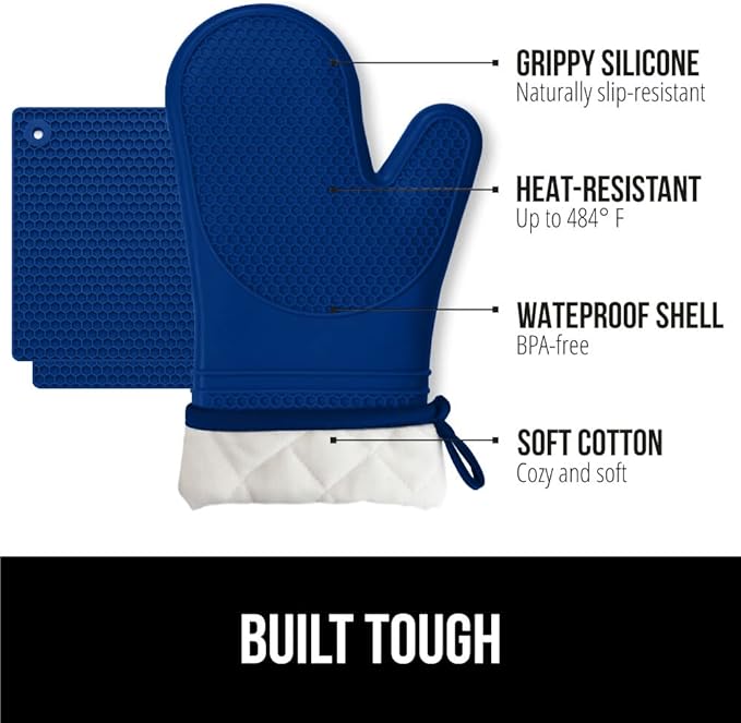 GORILLA GRIP BPA-Free Soft Silicone Oven Mitts and Pot Holders Sets of 4, Heat Resistant Waterproof Cooking Gloves, Thick Cotton Lining, Flexible Gripping for Baking Grilling, Kitchen Trivets, Blue