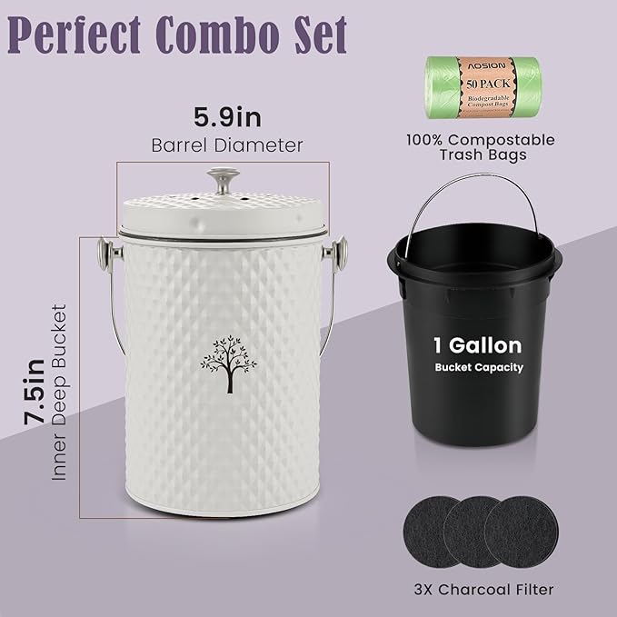 AOSION Countertop Compost Bin Kitchen,Odorless Indoor Compost Bin with Lid and Compost Bags,Compost Bucket Composter Container for Food Waste,Creamy White