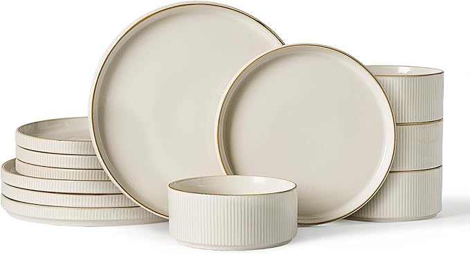 famiware Star Dinnerware Set, Plates and Bowls Sets for 4 (12pcs), Ribbed Stoneware Dishes - Chip & Scratch Resistant, Microwave & Dishwasher Safe Tableware, White