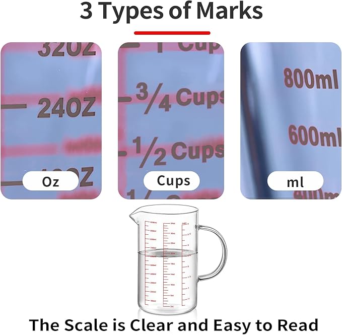 Luvan 34OZ/1000ML Glass Measuring Cup, 4 Cup Glass Measuring Cups With 3 Scales (Ml/Oz/Cup), High Borosilicate Measuring Cup With Handle and V-Shaped Spout, Dishwasher/Freezer/Microwave Safe