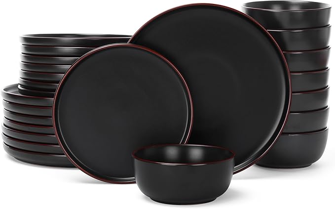 Famiware Mercury 24 Pieces Dinnerware Sets, Plates and Bowls Sets for 8, Microwave and Dishwasher Safe Dish Set, Black