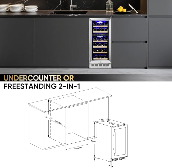 15 Inch Wine Cooler Under Counter, 30 Bottle Dual Zone Wine Fridge with Stainless Steel Glass Door, Built-In or Freestanding Wine Cellar with Digital Temperature Control for Home, Kitchen, or Office