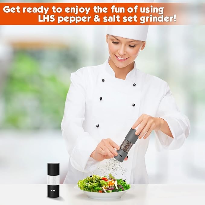 LHS Premium Salt and Pepper Grinder Set, Stainless Steel Salt Pepper Shaker Set, Refillable Pepper Grinder and Salt Mill with Adjustable Coarseness for Kitchen Use - 4.6 Inches(2-Pack, Grey & Black)