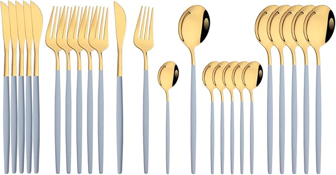 JASHII Flatware Set 24 Piece, Stainless Steel Silverware Set, Macaron Small Fresh Color Cutlery Set, Modern Elegant Tableware Set for Party, Christmas, Dinner (Haze Blue Gold)