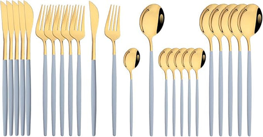 JASHII Flatware Set 24 Piece, Stainless Steel Silverware Set, Macaron Small Fresh Color Cutlery Set, Modern Elegant Tableware Set for Party, Christmas, Dinner (Haze Blue Gold)