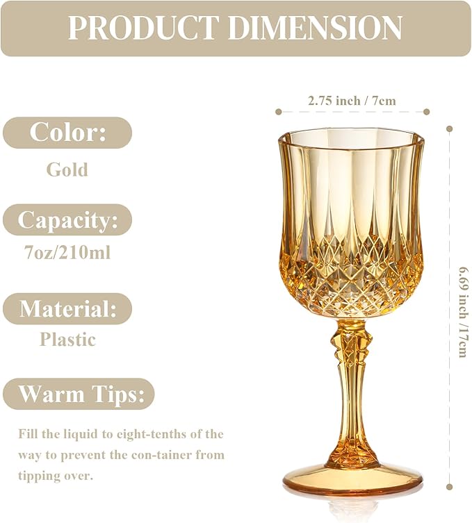 XUWAIDSGN 16 Pcs 7oz Plastic Vintage Wine Glasses Drinking Glasses Unbreakable Wedding Glassware Crystal Water Goblets Reusable Drinkware Vintage Champagne Flutes (16, Amber)