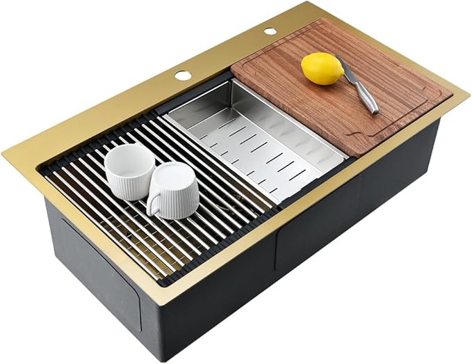 Gold Kitchen Sink, 33x19 Stainless Steel Drop in Kitchen Sink Workstation Single Bowl 16 Gauge Handmade Deep Basin