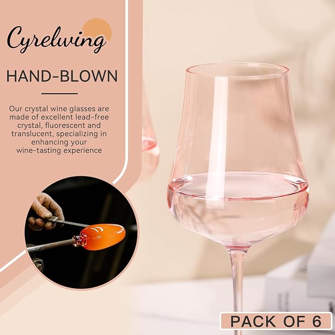Pink Wine Glasses Set of 6-18oz Hand Blown Blush Pink Wine glasses - Unique Gift for Birthday,Wedding, housewarming