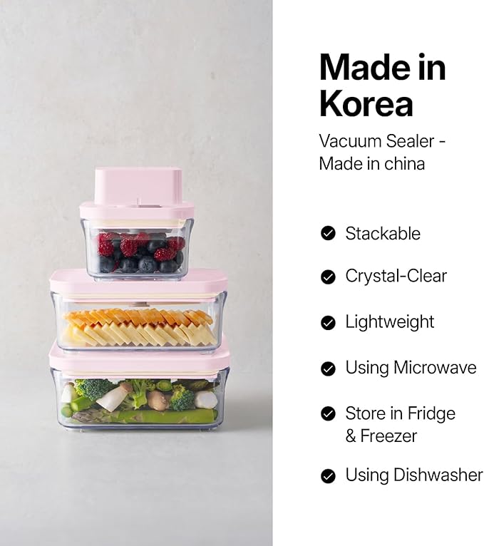 VAKUEN Premium Airtight Food Storage Containers ROSE 8P/SET, 6pcs Container, 1pcs Water Pitcher and Vacuum Sealer. Patented Double Silicone Lining, 100% Leak Proof, BPA-FREE