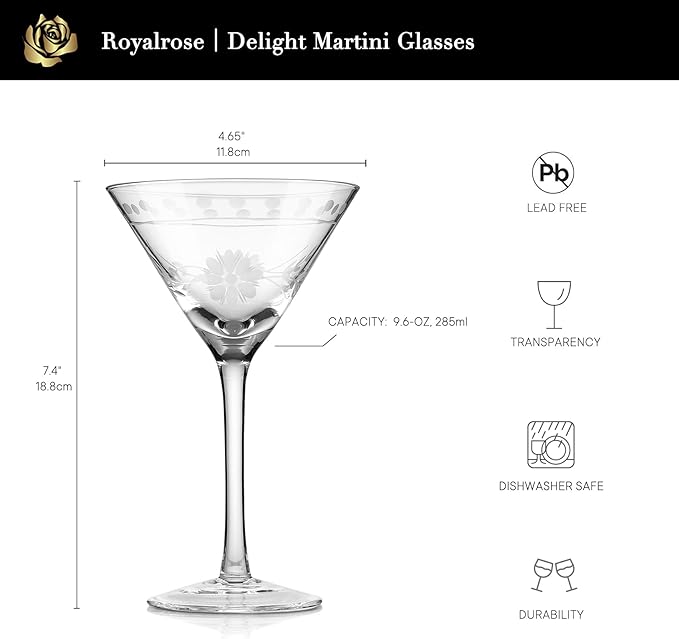 Premium Delight Vintage Cocktail Glasses Set of 4, 9.6 oz – Hand-Blown with Etched Long Stem, Classic Glassware for Weddings, Dinners, and Holiday Gifting (Martini Glasses)