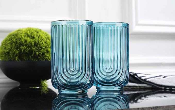 Glaver's Vintage Glassware Art Deco Highball Glasses Set of 4 Blush Ribbed Drinking Glasses 17 Oz U-Shape Arch Design Colored Cocktail Kitchen Tumblers Everyday Dinner Decorative Party, Blue