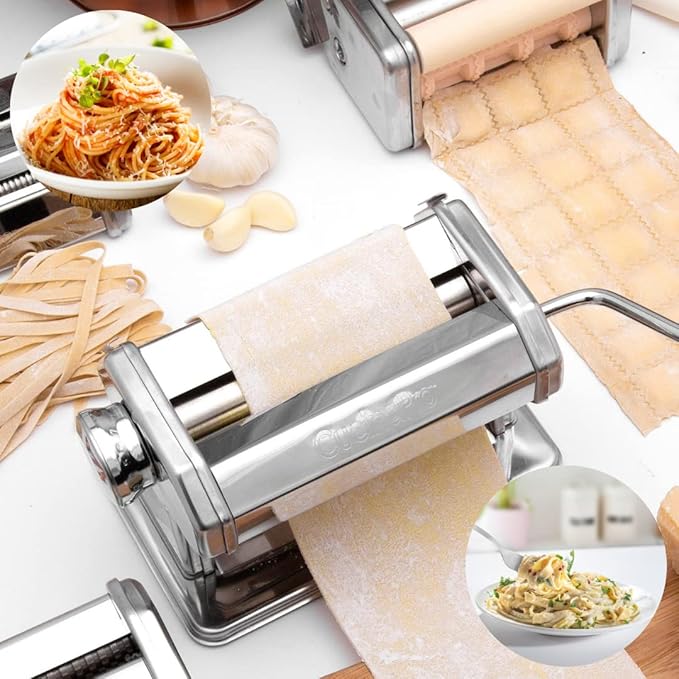 Pasta Maker Deluxe Holiday Set- Stainless Steel Machine w 3 Interchangeable Attachments- Make 5 Different Pastas- Spaghetti Fettuccini Angel Hair Noodle Ravioli Lasagnette- Durable Cutters, Xmas Gift