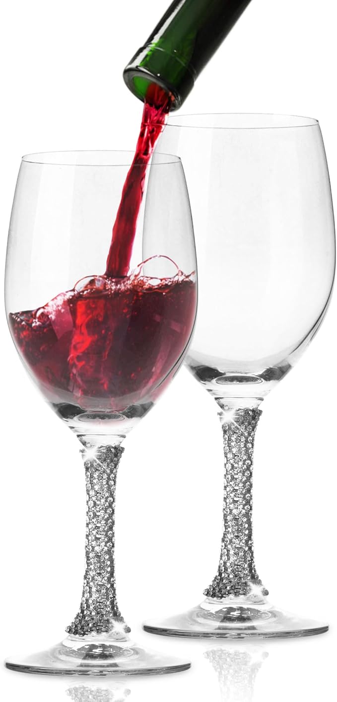 Premium Wine Glasses Set of 2 - Crystal Long Stem Wine Glass with Silver Rhinestone Stem Design - 12 oz