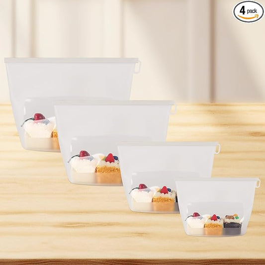 Reusable Silicone Food Storage Bags 4-Pack with 1 Sandwich, 1 Lunch, 1 Half-Gallon and 1 Gallon, Multi-Use & Sous Vide Stand-Up Container for Soup and Leftovers, Microwave, Dishwasher and Freezer Safe