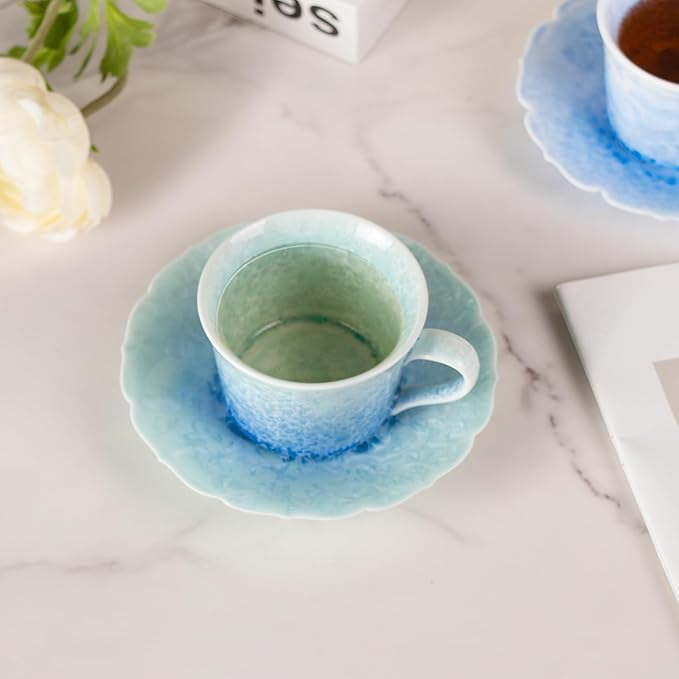 KAMMAK Tea Cups and Saucers Set of 2, Porcelain Coffee Cups, 5oz Crystalline Glaze Espresso Mugs, Ceramic Demitasse for Coffee, Cappuccino, Latte, Americano, Tea (Ice crystal blue + greenish blue)