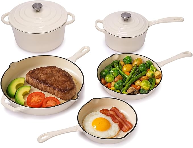 QuliMetal Enameled Cast Iron Cookware Set, 5 Pcs Pots and Pans with Lid, Skillet, Frying Pan, Saucepan & Dutch Oven for All Stovetops, PFA Free - Ideal for Sourdough Bread Baking