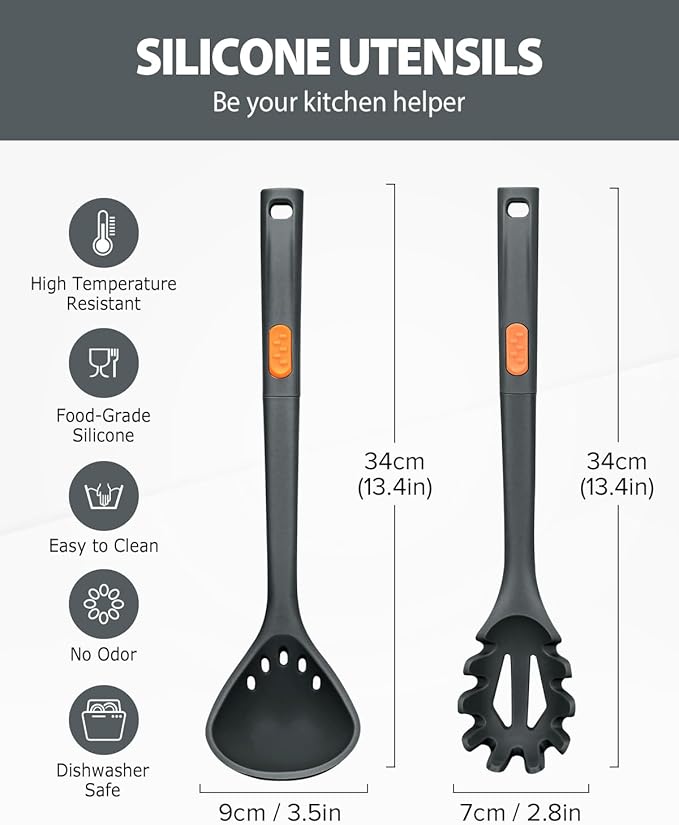 Silicone Pasta Fork and Ladle Spoon Set, Large Non Stick Kitchen Utensils for Cooking,Stirring,One Piece Serving Spaghetti, Soup, Sauce (GREY)