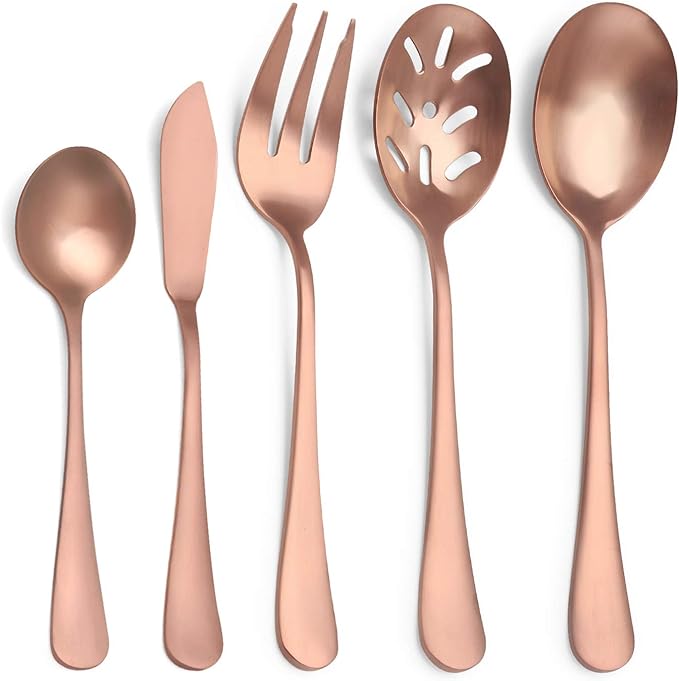 Matte Rose Gold Serving Set，SHARECOOK 5-Piece 18/0 Stainless Steel Large Hostess Set with Round Edge, Satin Finished, Dishwasher Safe -Spoons, Forks,Butter Knife& Slotted Spoon