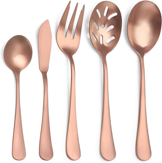 Matte Rose Gold Serving Set，SHARECOOK 5-Piece 18/0 Stainless Steel Large Hostess Set with Round Edge, Satin Finished, Dishwasher Safe -Spoons, Forks,Butter Knife& Slotted Spoon
