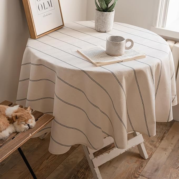 ArtBud Cotton Linen Table Cloths Boho Farmhouse Heavy Fabric Table Cover Burlap Striped Washable Table Top for Parties Coffee Kitchen Picnic Round, 60"(4-6 Seats)