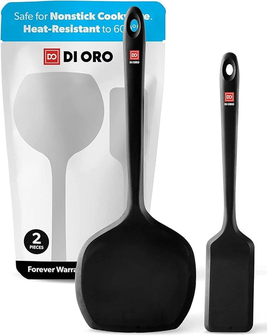 DI ORO Silicone Turner Spatula Set - Kitchen Spatulas for Nonstick Cookware - Cooking Utensils for Flipping Eggs & Pancakes - 600°F Heat-Resistant BPA Free Turners - Dishwasher Safe (2pc, Black)