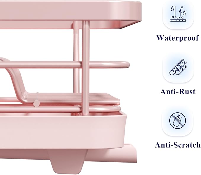 Kitsure Dish Drying Rack for Kitchen Counter, Stainless Steel Sink Organization and Storage Essentials with Cutlery Holder, Home and Appartment Decor, 12''W x 15.5''L, Pink