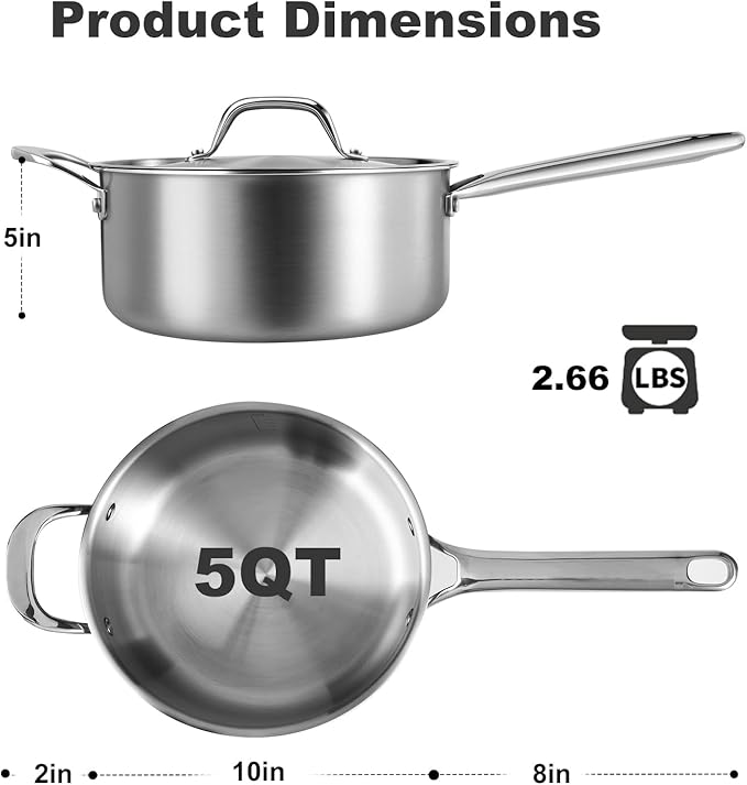 5 QT Saucepan with Lid,3-Ply Stainless Steel Stockpot,Professional Grade Cookware,Induction Compatible