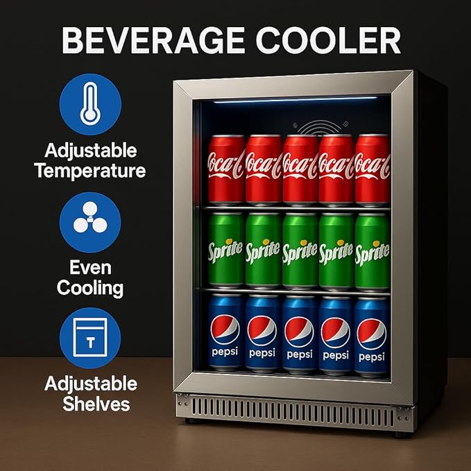 20 Inch Built-in Beverage Refrigerator with 7-Color LED Light, Compact 120 Can Under Counter or Freestanding Stainless Steel Drink Cooler Fridge with Glass Door for Soda & Beer