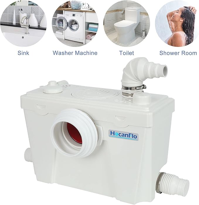 500Watt Upflush Toilet with Bidet Sprayer- Macerating Toilet withToilet Bowl,Toilet Tank and Macerator Pump with 4 Water Inltes for Kitchen Sink, Bathroom, Laundry